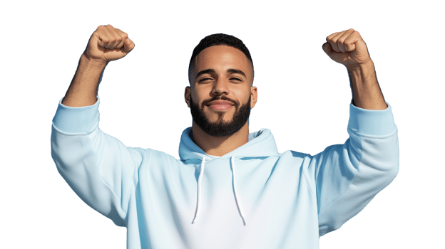Confident young man celebrating with raised fists on transparent background png