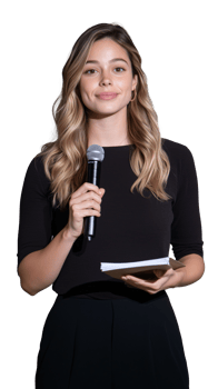 Person holding microphone with transparent background for presentations and media png