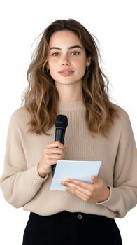 Young woman holding a microphone and notes with transparent background png