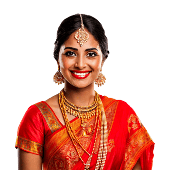 a woman in a red sari smiles for a photo. png