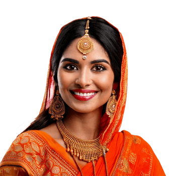 a woman in an orange sari smiles with a smile on her face png