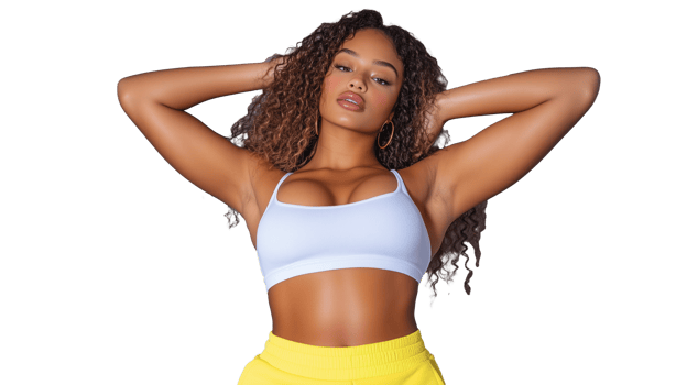 Confident woman posing with hands behind head on transparent background png