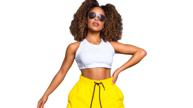 Stylish woman in white crop top and yellow pants with transparent background png