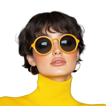 Stylish woman wearing round sunglasses in vibrant yellow turtleneck with transparent background png