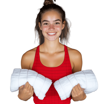 Cheerful young woman holding towels with transparent background png