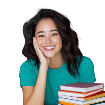 Smiling young woman resting chin on hand with books transparent background png