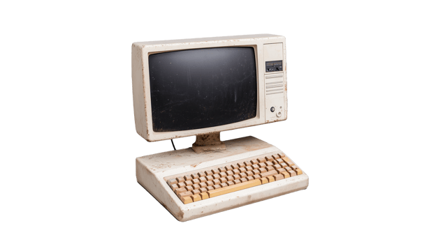 Vintage desktop computer with keyboard on transparent background png