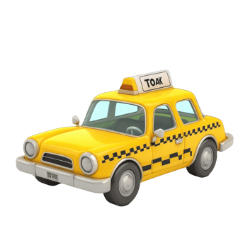 Cartoon-style yellow taxi car with a checkered pattern on a clean transparent background, 3D cartoon style taxi car transparent background png