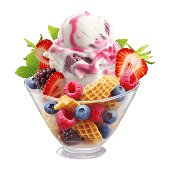 Delicious Sundae with Fresh Fruits and Whipped Cream in Glass Bowl png