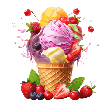 Ice Cream Cone with Triple Scoops and Berries in Vibrant Colors png