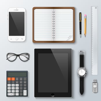Workplace office and business work elements set. Mobile phone, calculator, notebook, pen, tablet, watches and other office things and equipment, finance and marketing objects, development tools. vector
