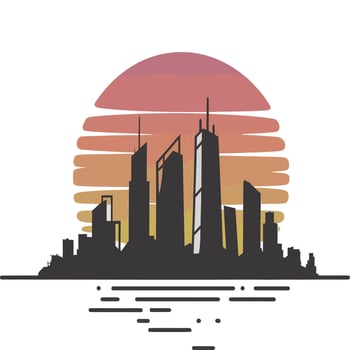 A city skyline with the sun setting behind it vector