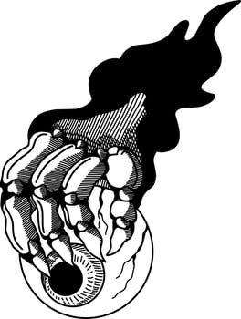 Flaming skeletal hand grips eyeball. vector