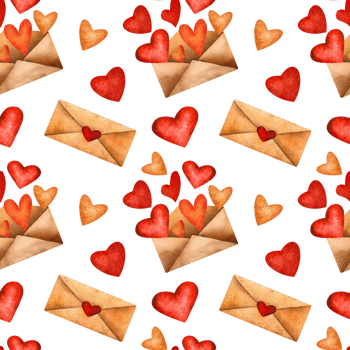 Watercolor Valentines Day seamless pattern with envelopes with heart seals, open letters with red and orange hearts, and scattered heart shapes. Romantic warm theme in vibrant red, orange and beige png