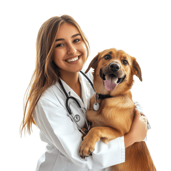 A young veterinarian lovingly holds a happy dog in a bright, clean setting, Beautiful young veterinarian with a dog on a transparent background png