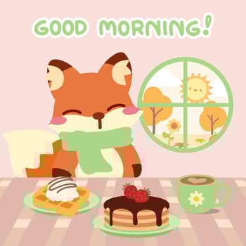 Adorable fox enjoying a breakfast with autumn scenery. Good morning cartoon fox with pancakes and waffles. Kawaii fox breakfast delight with pancakes, coffee, and sunshine. vector