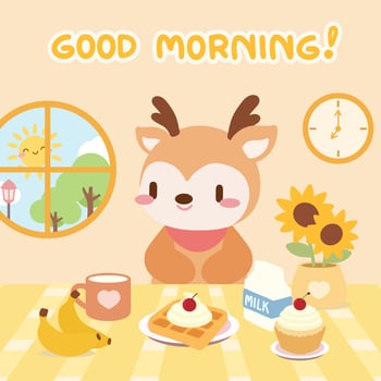 Cute deer enjoying a cozy breakfast with good morning vibes. Adorable deer illustration with waffles, milk, and sunflowers. Kawaii deer breakfast scene in a sunny and cheerful setting. vector