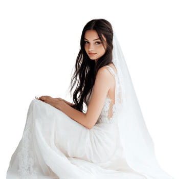 Elegant brunette bride in wedding dress sitting gracefully for her special day in a serene setting, Beautiful brunette bride in wedding dress on transparent background png