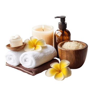 Relaxing spa setup featuring candles, towels, and natural beauty products on a transparent background, Beautiful spa composition on transparent background png