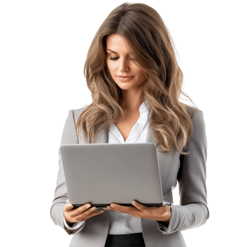 Confident businesswoman working on a laptop in a bright, professional setting, Beautiful businesswoman using laptop isolated on png