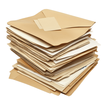A tall stack of envelopes filled with bills and correspondence sits isolated against a transparent background, Bills envelopes stack isolated mails correspondence mail png