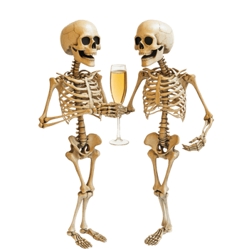 Celebrate the New Year with cheerful skeletons toasting with champagne in December, 31 December - New Year's Eve Skeletons with Champagne on transparent background png