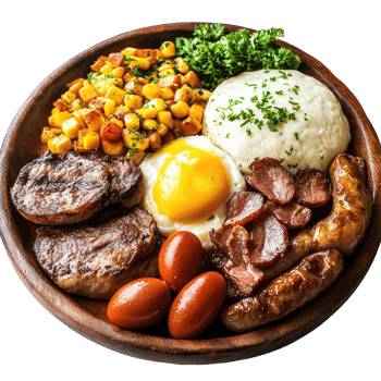 A delicious bandeja paisa served on a rustic wooden platter with a variety of traditional Colombian flavors, bandeja paisa transparent background png