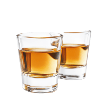 Two shot glasses filled with amber liquor isolated on a transparent background for a clean and elegant presentation, Alcohol in Shot Glasses Isolated, transparent background. png