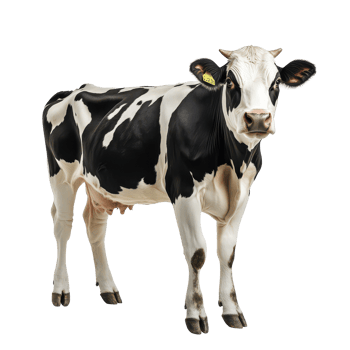 A black and cow stands isolated on a plain, emphasizing its distinct markings in a bright environment, a black and cow is standing on top isolated a transparent background png