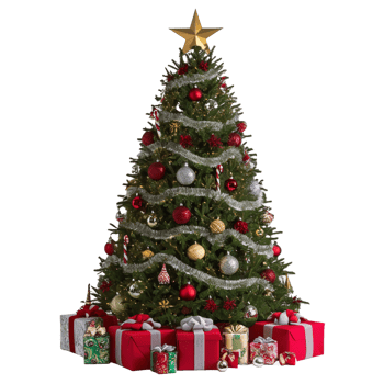 Decorated Christmas Tree with Presents, Isolated on Transparent Background, High-Resolution Stock Image png