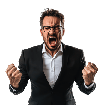 Angry businessman shouting with raised fists against a transparent background in an intense corporate setting, Angry Businessman Shouting on transparent background png