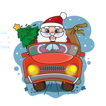 Christmas kawaii illustration with cute Santa Clause driving a red car with presents and tree vector