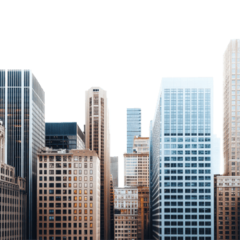 Modern city skyline featuring tall buildings closely grouped against a clear sky in the heart of downtown, a city skyline with tall buildings in close proximity, transparent background. png