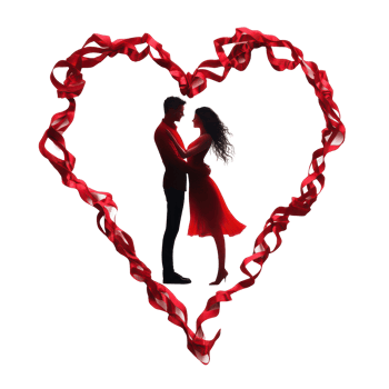 A couple embraces in a heart shape surrounded by red ribbons, celebrating love and connection in a creative display, a couple are embracing in a heart shape isolated, transparent background. png