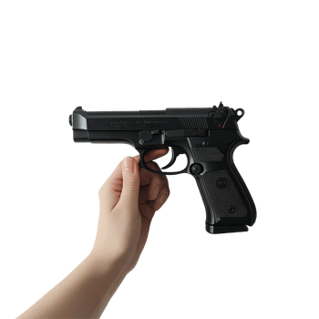 A hand gripping a black handgun firmly against a clean transparent background indoors, A hand holding a black gun on a transparent background png