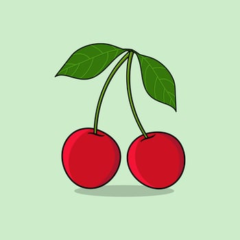 Illustration of two ripe cherries with green leaves vector