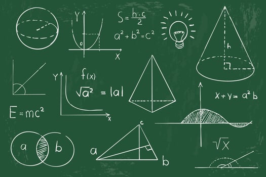 Math geometry graph and shapes on blackboard background. Set science doodle hand drawn sketch elements. Study theory formula, calculations. vector