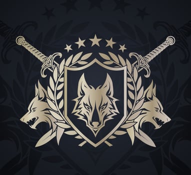 wolf head shiny metal heraldry logo with shield laurel wreath swords and stars vector