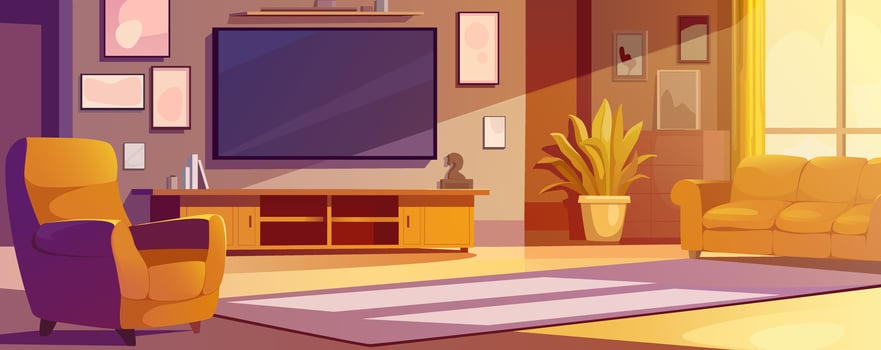 Living room interior background for banner design. Empty apartment with sofa and armchair, big tv screen and picture frames at wall, plants and decor, window with curtain. cartoon illustration vector