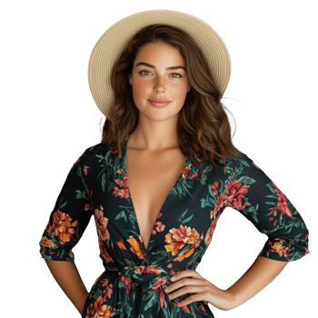 Floral dress model posing with straw hat on transparent background png
