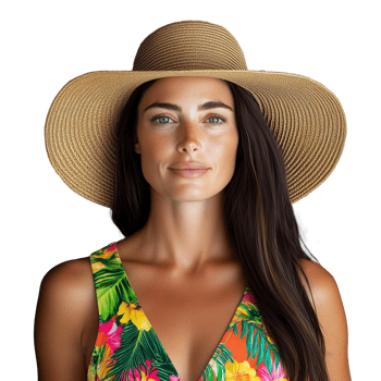 Woman in Colorful Floral Dress with Wide Straw Hat on Transparent Background png