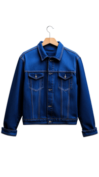 Blue denim jacket hanging on a wooden hanger with transparent background png