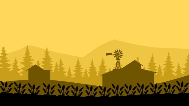 Landscape illustration of wheat farm in countryside vector