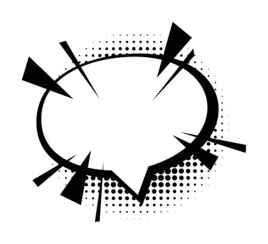 Comic speech bubble with dynamic black shapes and halftone dots. Cartoon illustration vector
