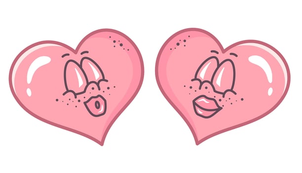 Valentine characters flirt and send message kiss at each other. Valentines couple. Cartoon Groovy hearts. Doodle Hand drawn outline illustration in Retro style. Valentines Day clipart. vector
