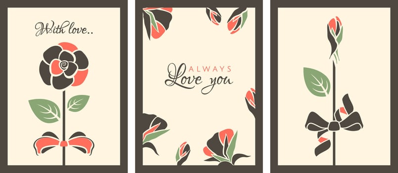 Valentines day cards. Set of Trendy posters for 14 February holiday. Romantic design with rose, cute bow, lovely text. Festive background in retro style. flat illustration vector