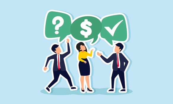 Businesspeople gathered with individual dialog boxes labeled with dollar signs, question marks, and check marks, illustration of sharing methods for managing business finances vector