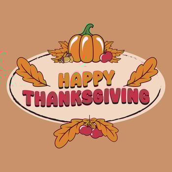 Happy Thanksgiving Day with pumpkin and orange leaves in Vintage Retro Cartoon Illustration for sticker, badge, patch, banner, greeting card, invitation vector