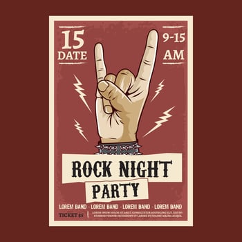 Vintage Rock and roll night party festival concert poster flyer with rock fingers sign and lightning bolts illustration vector