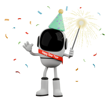 Robot Theme for New Year 3D Model. A robot stands with a party hat on its head while holding fireworks in one hand. Cartoon Illustration Style png